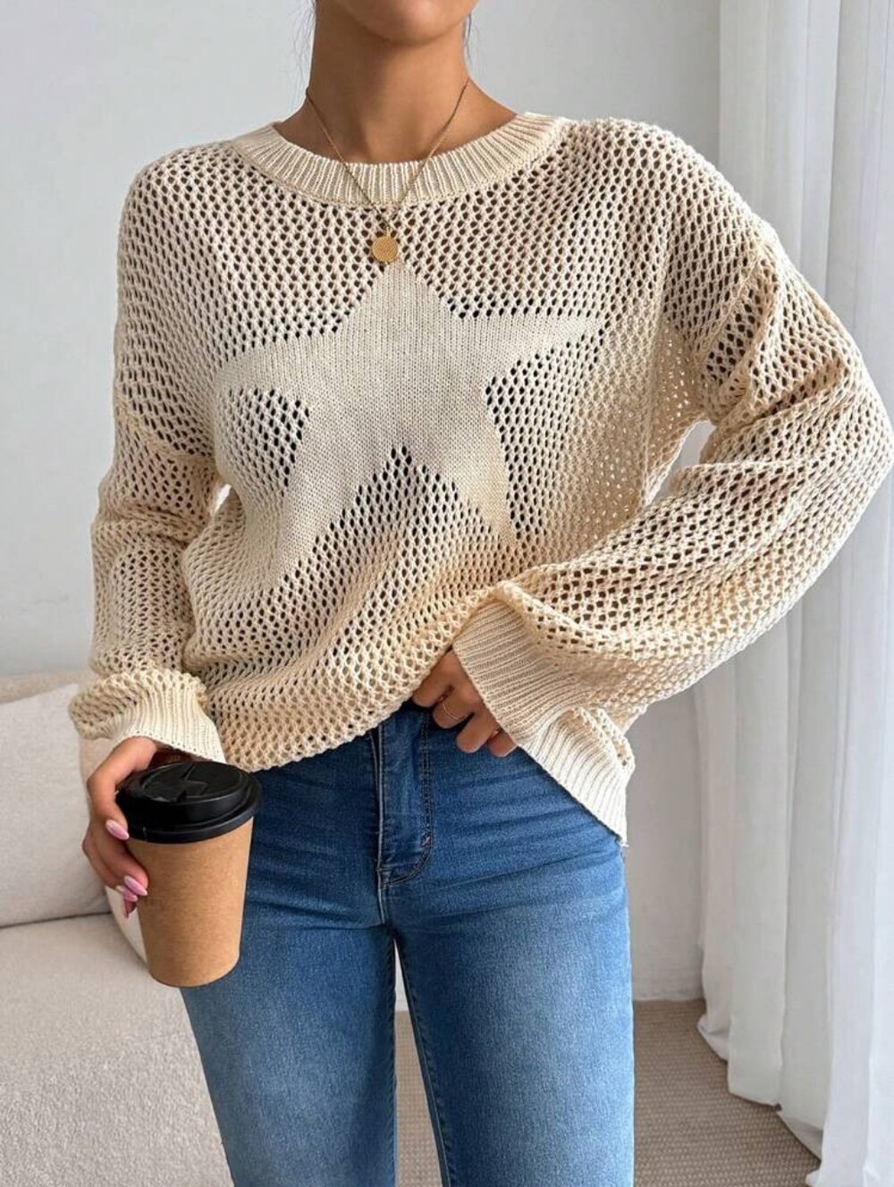 Cream Open Knit Star Graphic Crochet Pullover Sweater - Size Small